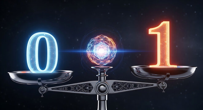 Balanced binary code on scale with glowing zero and one