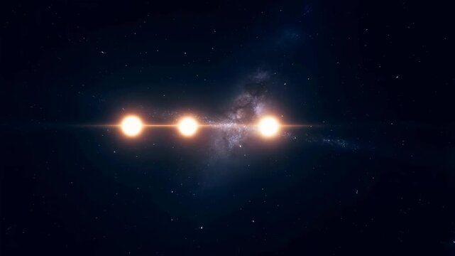 Three bright stars aligned in a cosmic scene. Celestial alignment representing harmony and the vastness of the universe