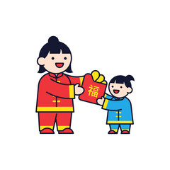 Woman giving red envelope to girl.