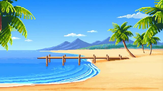Serene tropical beach with a wooden pier and palm trees under a clear blue sky. Ideal for relaxation, vacation, and travel themes