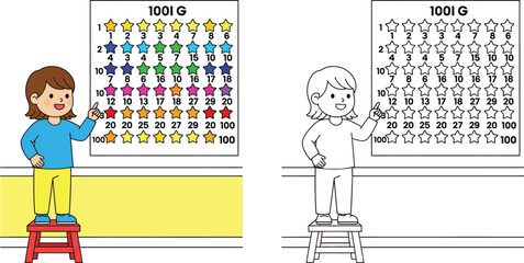 Child on a stool pointing to a 100 Day star chart celebrating educational progress in color and outline.