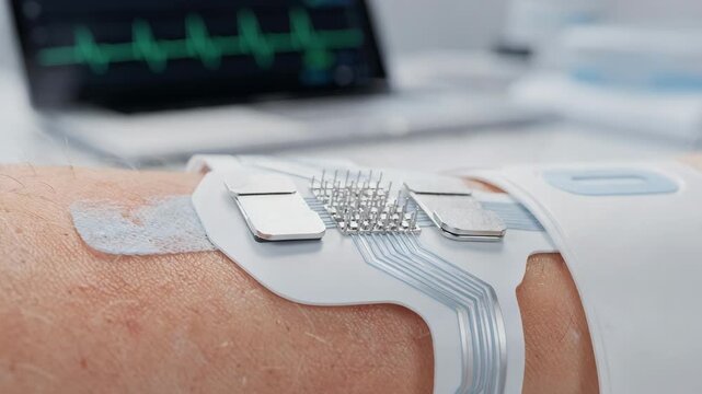 Closeup of a wearable cardiac patchs sensor electrodes integrated with a tabletbased app displaying ECG signals main object sharply in focus the rest artistically blurred.