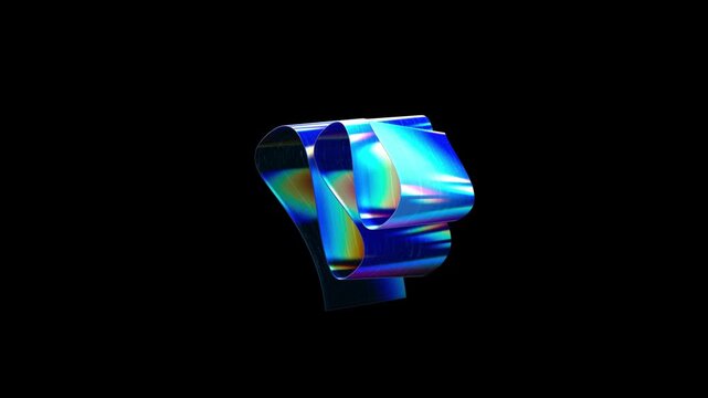 Shiny abstract three-dimensional ribbon shape in metallic blue shades featuring a digital code texture on its surface set against a pure black background for high contrast