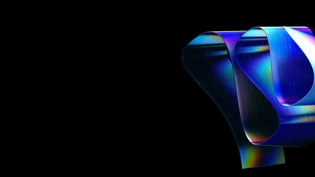 Zoomed-in blue 3D curled ribbon with glossy metallic finish and visible surface code pattern placed on the left with black background space on the right for copy