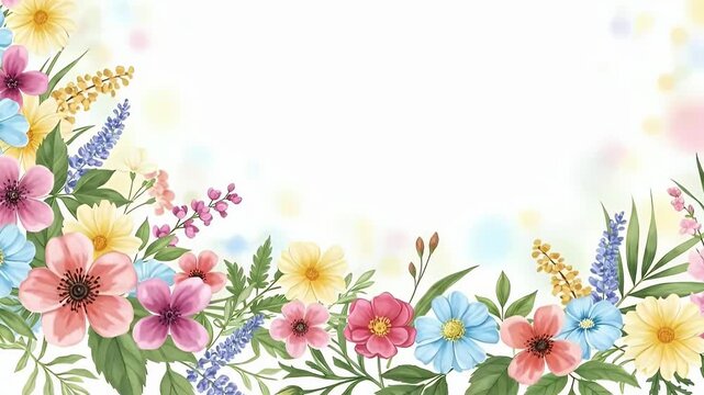 A beautiful and vibrant animated floral border features a variety of colorful watercolor flowers and lush green leaves, framing a bright, inviting central space. Soft, shimmering bokeh lights gently b