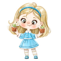 Cute cartoon girl in blue dress with pots of seedling
