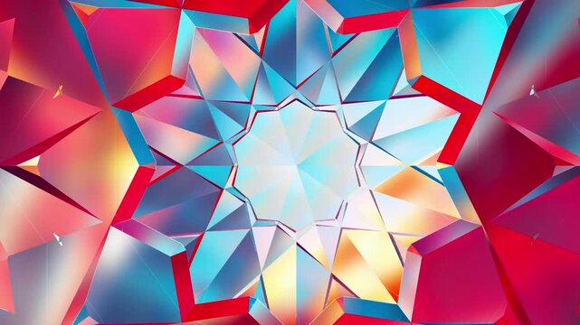 Detailed view of multicolored triangular prism shapes forming a symmetrical abstract design with reflective facets in bold red, pink, and blue hues