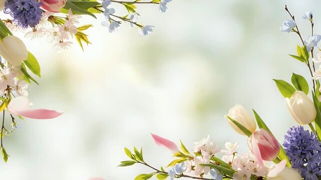 A beautifully animated floral border gracefully frames a soft, diffused background, evoking the gentle essence of spring and renewal. Delicate pink petals gracefully drift and fall amidst vibrant blos