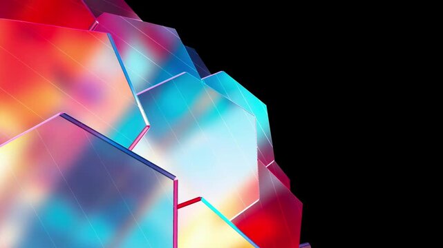 Zoomed-in view showing detailed arrangement of colorful triangular prism shapes in a modern abstract dome-like structure on a black background