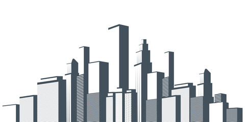 Skyscraper Cityscape Silhouette with Modern High-Rise Buildings - Urban Skyline Illustration Featuring Skyscrapers in Gray Tones Against Bright White Background - Creative Vector Template, Clip-Art