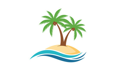 Fototapeta premium Tropical island logo featuring two palm trees with coconuts on a small sandy beach with stylized blue ocean waves.