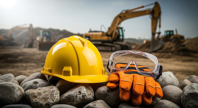 Yellow Hard Hat Gloves and Safety Goggles at Construction Site