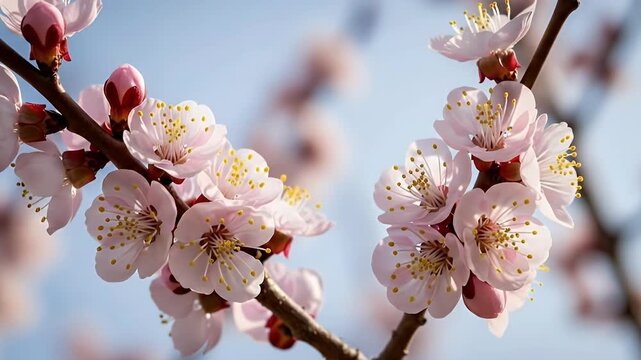 A breathtaking close-up shot captures delicate pink and white blossoms thriving on a tree branch against a clear, azure sky. The intricate petals and vibrant yellow stamens are highlighted with a gent