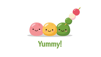 Fototapeta premium Three colorful dango rice dumplings with smiling faces on a stick, accompanied by the word yummy in a cute food-themed illustration.