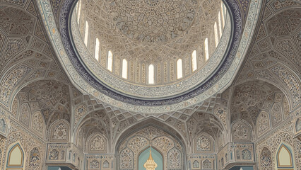 Ornate middle eastern mosque interior dome with intricate geometric patterns and detailed architecture