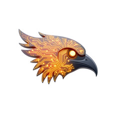 Futuristic eagle head illustration with circuit board design elements and glowing orange accents on a sleek profile view