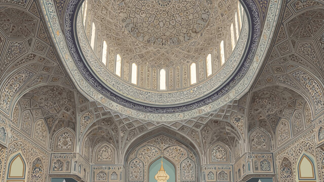 Ornate middle eastern mosque interior dome with intricate geometric patterns and detailed architecture