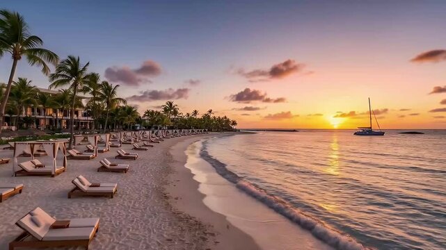 A breathtaking panoramic view of an idyllic tropical beach, offering a perfect blend of natural beauty and tranquil escape. Crystal-clear turquoise water gently laps at pristine white sands under a br
