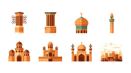 Fototapeta premium Collection of middle eastern architectural icons in flat style