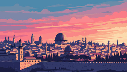 Fototapeta premium Sunset skyline of historic city with silhouetted architecture and vibrant skies