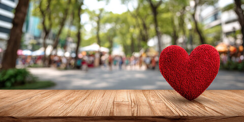Valentine's Day Heart Decor on Blurred City Park Street with Empty Wooden Table for Product Mockup