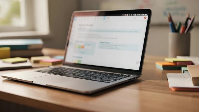 Focused view of a tutoring pods laptop keyboard and screen displaying notes with a softly blurred corner of a whiteboard and learning supplies in the background.