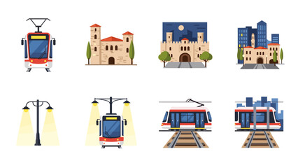 Urban tram and cityscape icons with historic and modern buildings in flat design