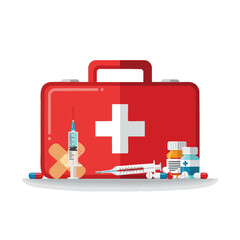 Obraz premium Red First Aid Kit with Medical Supplies