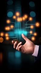 Fototapeta premium Human hand making intricate connection with advanced electronic circuit board bathed in ethereal digital glow.