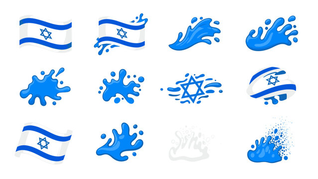 Israeli flag and water splash icons set: bold blue and white graphic elements