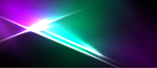 Obraz premium Bright light streaks across dark background. Vivid purple, green hues blend, creating dynamic visual effect. Intense glow dominates composition.