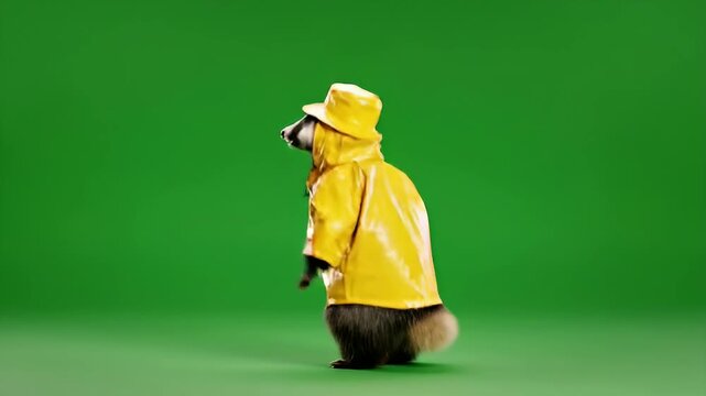 A badger wearing a yellow raincoat and hat stands on its hind legs against a green screen background.