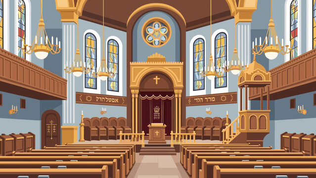 Elegant interior of ornate synagogue with stained glass and chandeliers