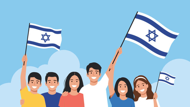Group of smiling people holding flags on a blue sky background