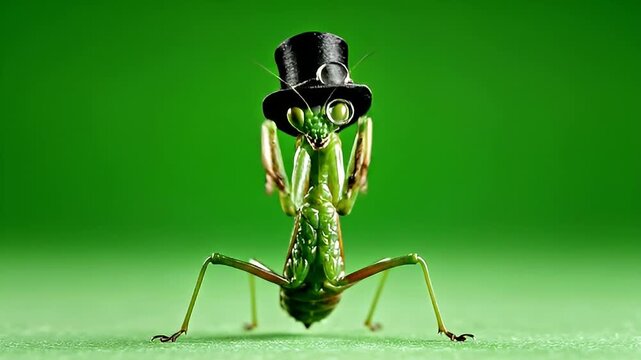 A dapper green praying mantis wearing a black top hat and monocle stands upright against a vibrant green background.