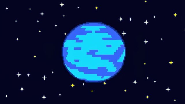 Animated pixel art of a blue planet rotating in space. Represents creativity, digital art, and the vastness of the universe