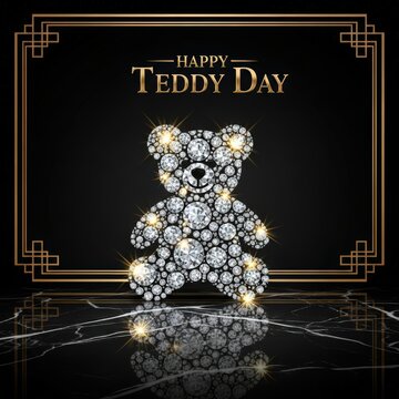 Happy Teddy Day Diamond Teddy Bear on Black Background