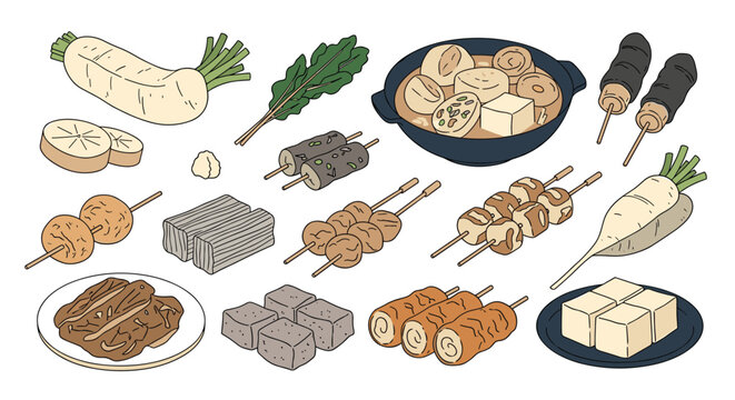 Assorted collection of traditional japanese oden ingredients including daikon radish, fish cakes, and skewers in flat style.