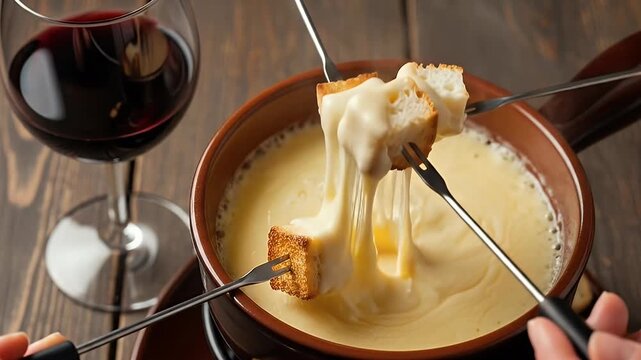 A captivating close-up captures a delicious cheese fondue experience, as multiple hands dip crusty bread cubes into a steaming pot of molten, golden cheese. The creamy, stretchy cheese pulls tantalizi