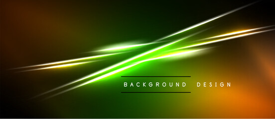 Fototapeta premium Abstract design features vibrant green, orange streaks over black background. Dynamic lines create modern visual effect. Text reads background design.
