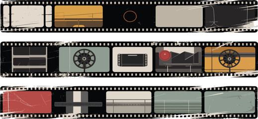 Vintage Film Strip and Frame Collection with Grunge Texture Scratches and Cinematic Photo Borders