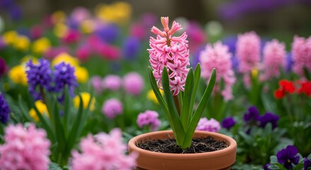 A vibrant pink hyacinth blooms in a terracotta pot with a colorful flowerbed backdrop