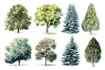 Obraz premium Vibrant, Detailed Watercolor Trees, Vector Art, White Background, Canon EOS, Soft Focus, Professional Stock Photo