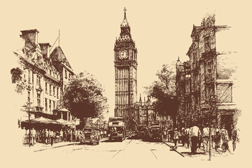 Obraz premium Big Ben, London, England illustration in a vintage style. This vector illustration can be used in any size you like for advertising, logos, and other work. 