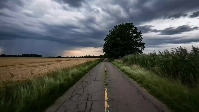 A captivating first-person perspective shot navigates a desolate, cracked asphalt road winding through expansive rural landscapes under a dramatically overcast sky. Lush green trees and tall, wild gra