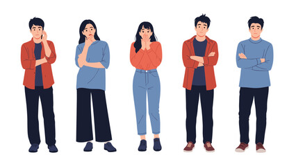 Fototapeta premium Row of young people expressing various emotions and standing in different confident or thoughtful poses together.