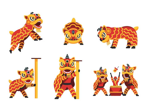 Lion Dance Illustration with Drummer and Bowing Pose