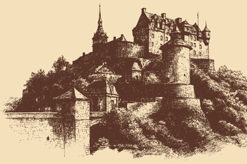 Obraz premium Edinburgh Castle, Scotland illustration in a vintage style. This vector illustration can be used in any size you like for advertising, logos, and other work.