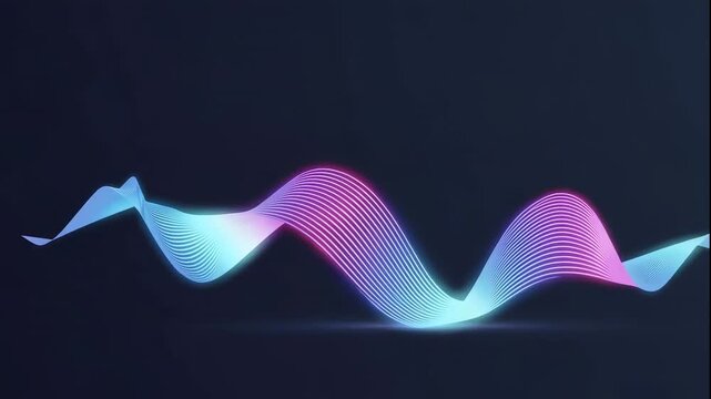A beautiful abstract wavy line, composed of countless luminous dots in gradient hues of blue and pink, elegantly flows across a dark background, symbolizing sound, data, or energy.