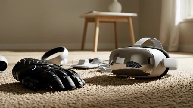 Virtual reality headset and haptic glove on a carpet in a room